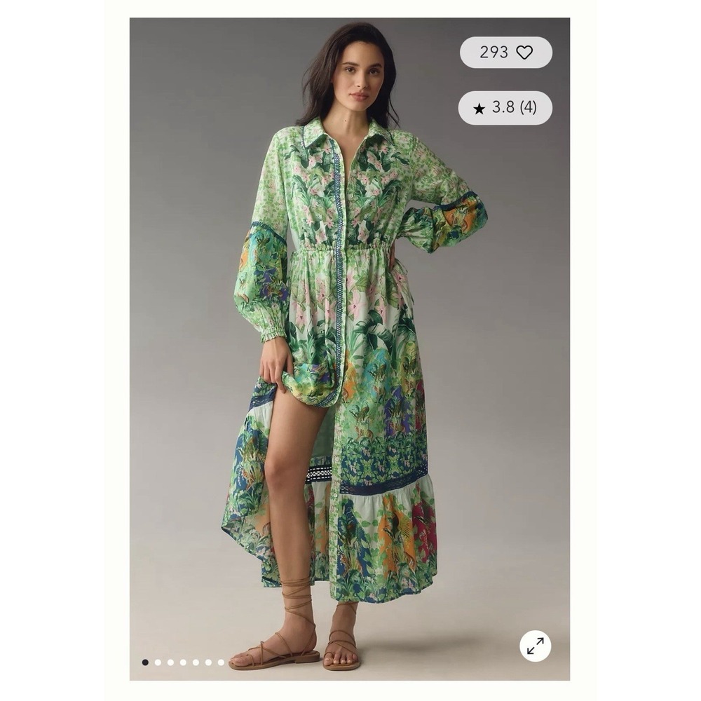 By Anthropologie Long-Sleeve Printed Maxi Shirt Dress XS (RIPPED)